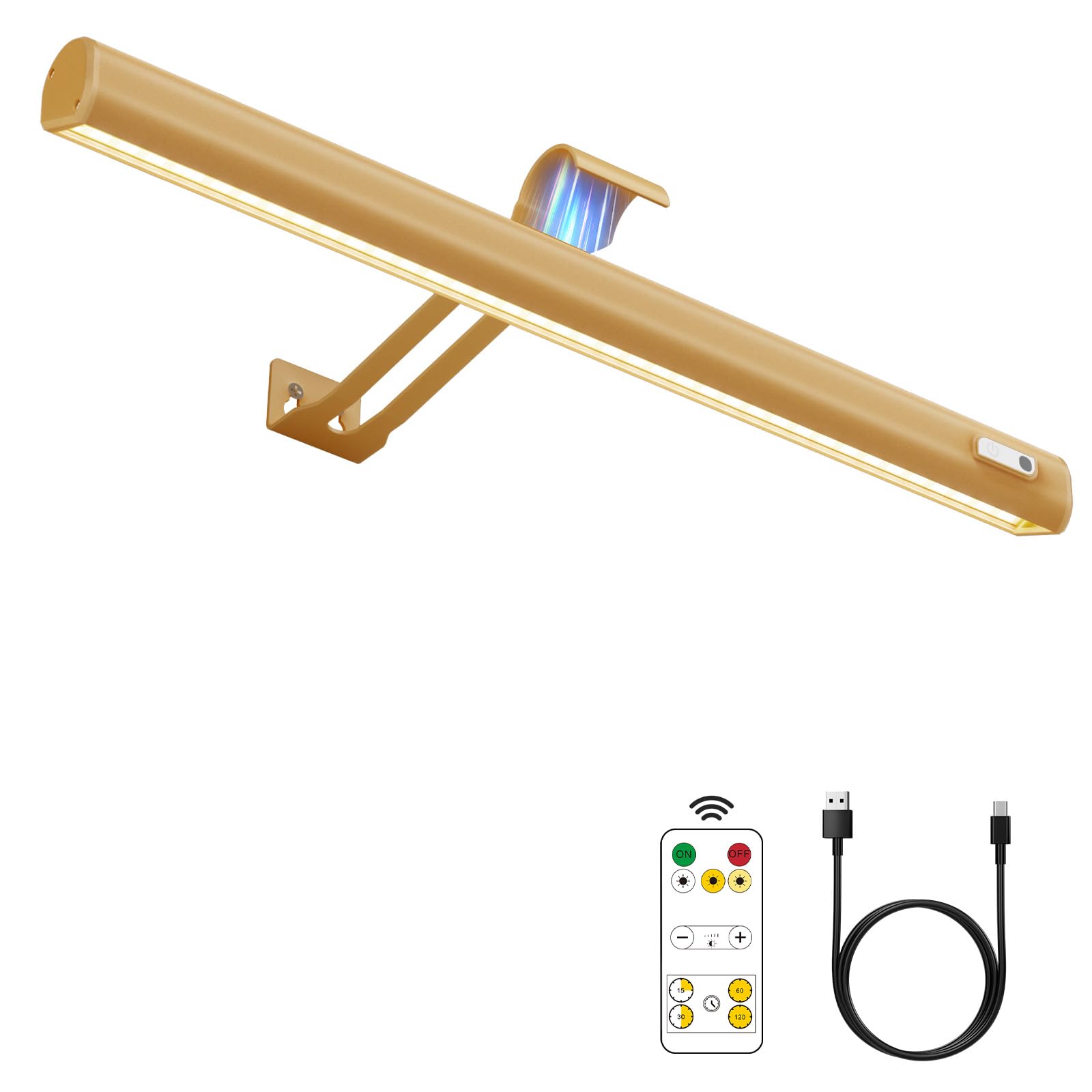 Olafus Picture Light Battery Operated, 15in Rechargeable Wall Light, 3 Colors and Brightness Dimmable Art Gallery Light with Timer for Painting, Artwork, Gallery, Dartboard, Portrait, Gold