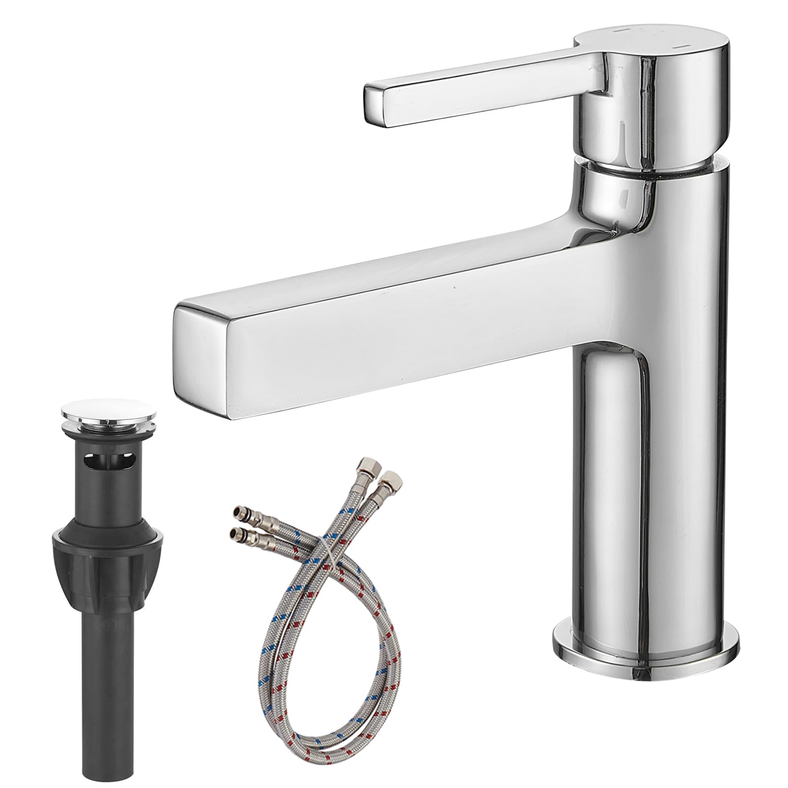 Chrome Bathroom Sink Faucet Single Hole with Pop Up Drain Parts Single Handle Modern Deck Mounted Bath Lavatory Vanity Mixer Tap Commercial Polished