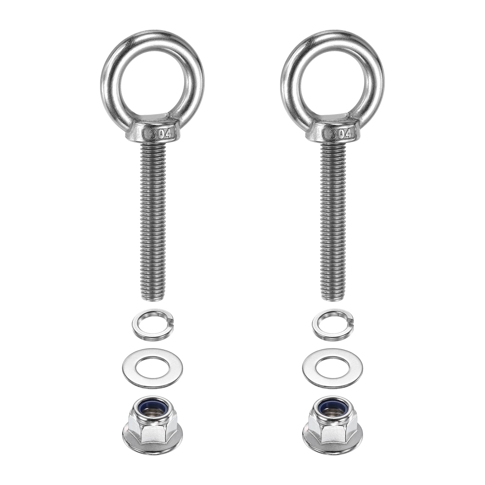 PATIKIL M10 x 60mm Shoulder Eye Bolt, 2 Pcs 304 Stainless Steel Lifting Ring Threaded Eye Bolt with Flange Lock Nuts Spring and Flat Washers for Hanging Tie Down Straps Outdoor Indoor