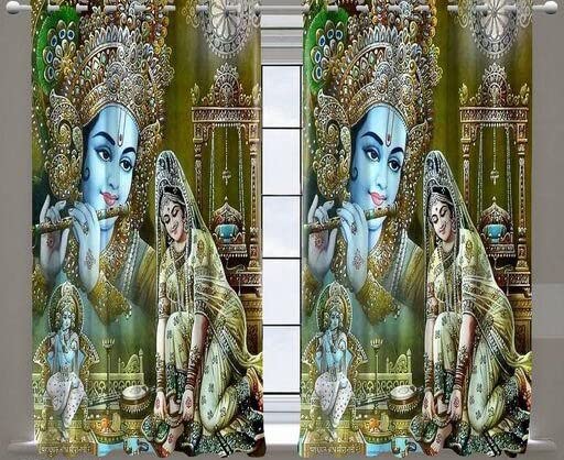 Image of UNITMALL Digital Printed God Curtains Pack of 2 | Home Mandir Pooja Room Decor Bhgwan Window Curtain 5ft | Polyester Eyelet Drapes & Panels (4x5 Feet, Krishna Radha Design)