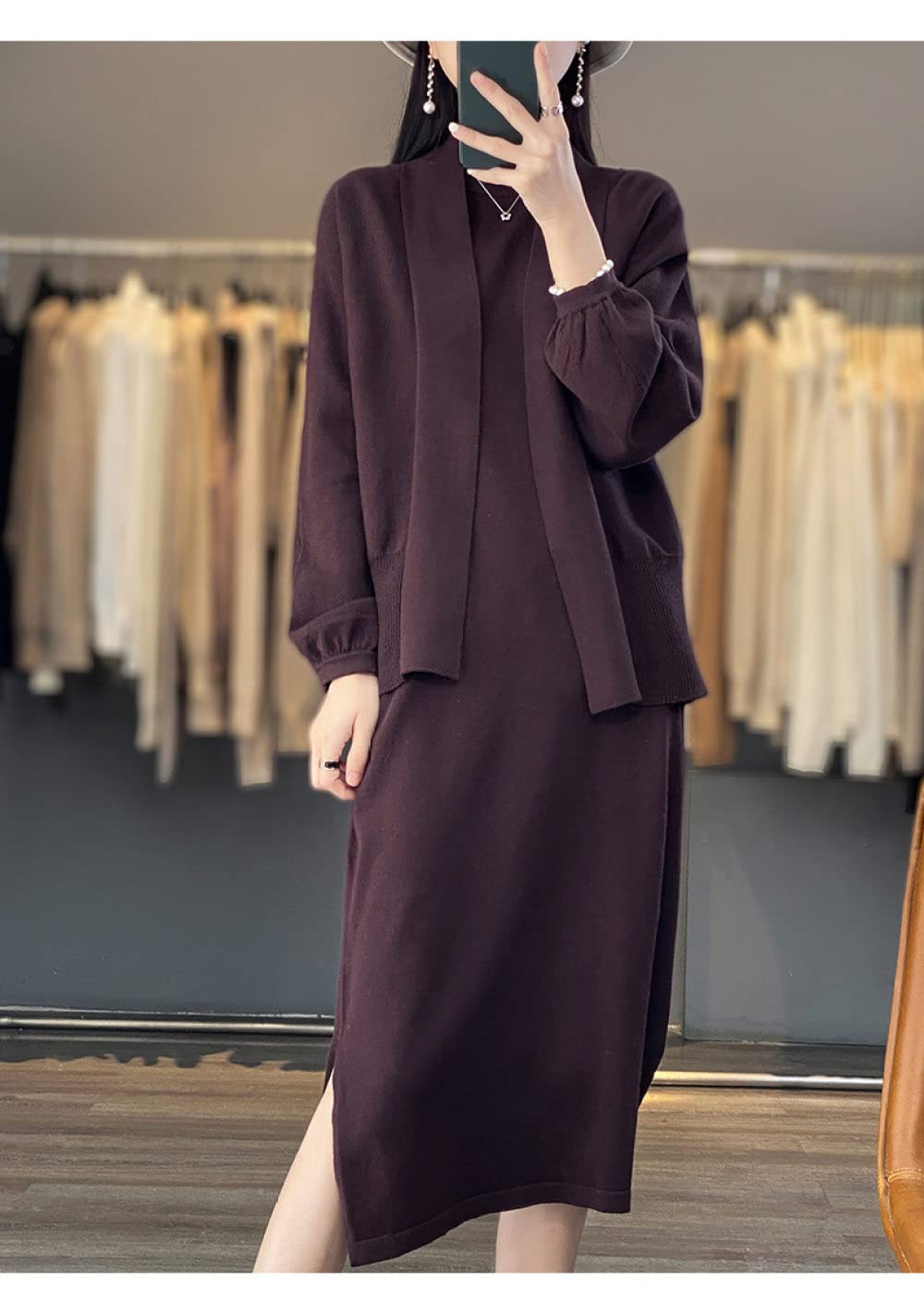 Cárdigan de Mujer Cárdigan de Punto de Algodón para Mujer Abrigo Suéter Liso Color Café Cárdigan Largo de Manga Farol Cárdigan Abierto por Delante Chaqueta de Punto Suelta de Primavera para Uso Diari