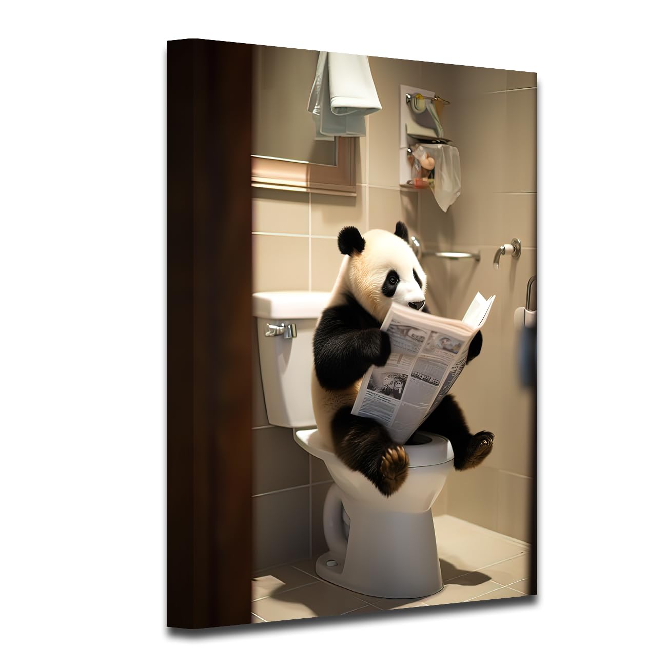 CXHOSTENT Panda Sitting on Toilet Reading Newspaper Canvas Print - Funny Animal Wall Decor for Bathroom, Restroom, Baby Room (60.00 x 90.00 cms) — image 1