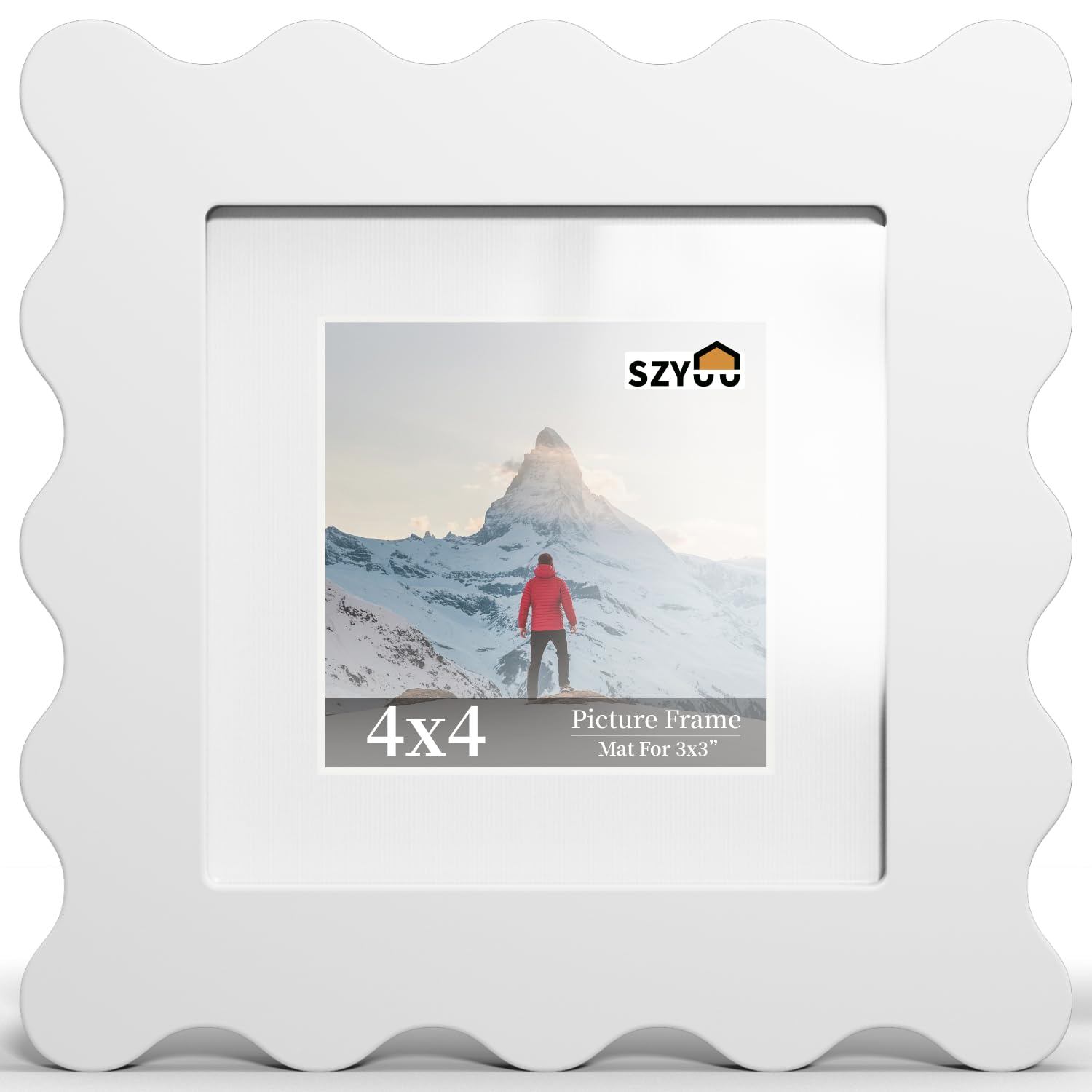 SZYUU 4x4 Wavy Picture Frame with Mat for 3x3, Real Glass and Wooden​ Frame - Tabletop or Wall Hanging Photo Frame(1 Pack,White) — image 1