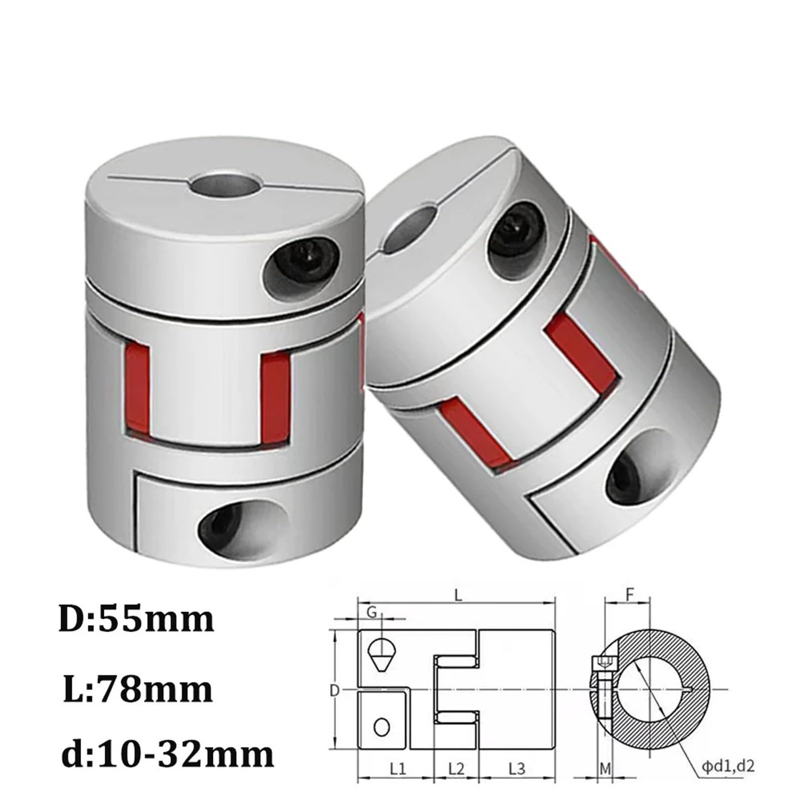 Compatible con el acoplador de abrazadera flexible serie LM D55L78, tamaño de eje de 10 mm a 32 mm, acoplamiento de eje de mordaza CNC for servomotor paso a paso.(16x28mm)