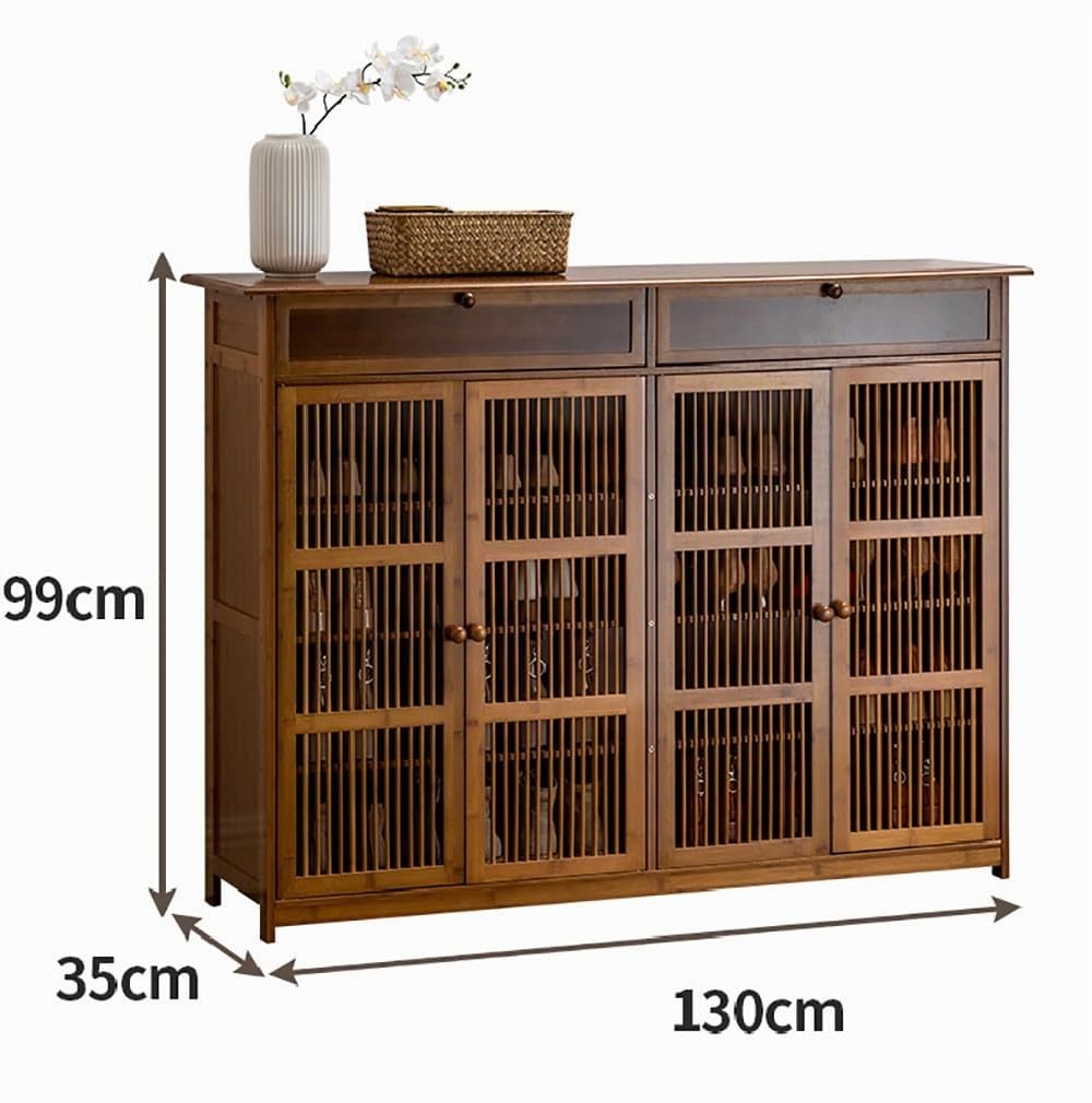 Armario Zapatero de Bambú Estilo Chino Moderno | 4 Niveles, Cajón Abatible y 4 Puertas Ventiladas + 2 Cajones Inferiores | para Recibidor, Pasillo y Hogares (Marrón, 130x35x100cm)