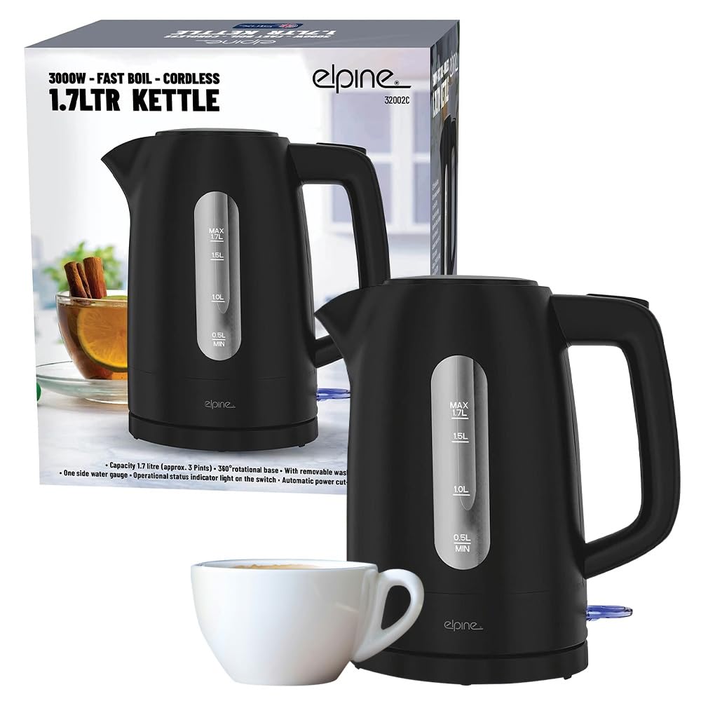 1.7L Black 3000W Cordless Kettle - Electric Fast Boil Auto Shut Off | 360 Rotational Base | For Hot Water, Tea or Coffee | Removable Washable Anti-scale Filter, Status Indicator Light - 1.7 Litre