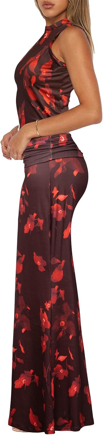 Skirt Sets Women 2 Piece Outfits - Sexy Two Pc Sleeveless Tank Crop Top Fold Over Maxi Long Skirts - Image 3