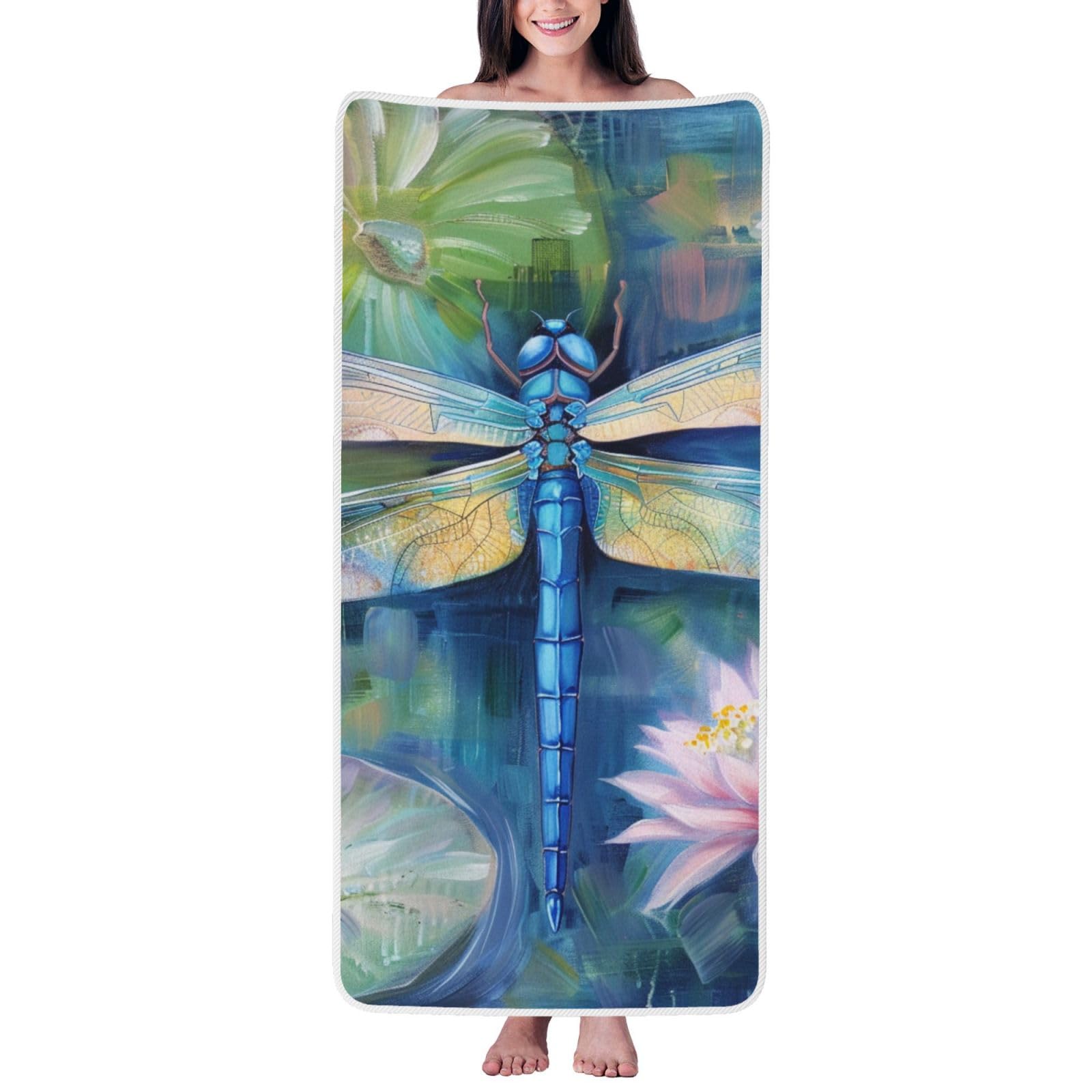 WPKJU Dragonfly Painting Printed Bath Towel with White Edging - 27x55 in Soft Extra Absorbent Coral Velvet Shower Towels for Bathroom