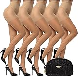 UNIFULL 5 Pack Women's Sheer Tights 20 Denier Control Top Pantyhose with Reinforced Toes (Large/Shin)