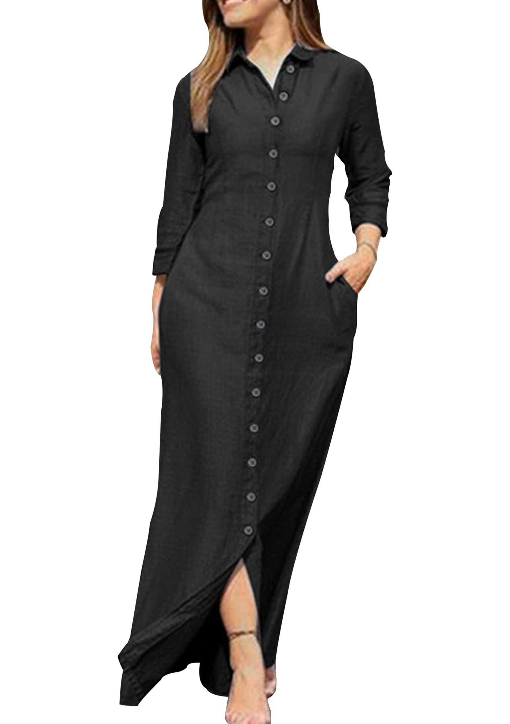 YMING Womens Long Sleeve Button Down Shirt Dress Casual Solid Color Maxi Dresses Loose Fit Blouse Dress with Pockets