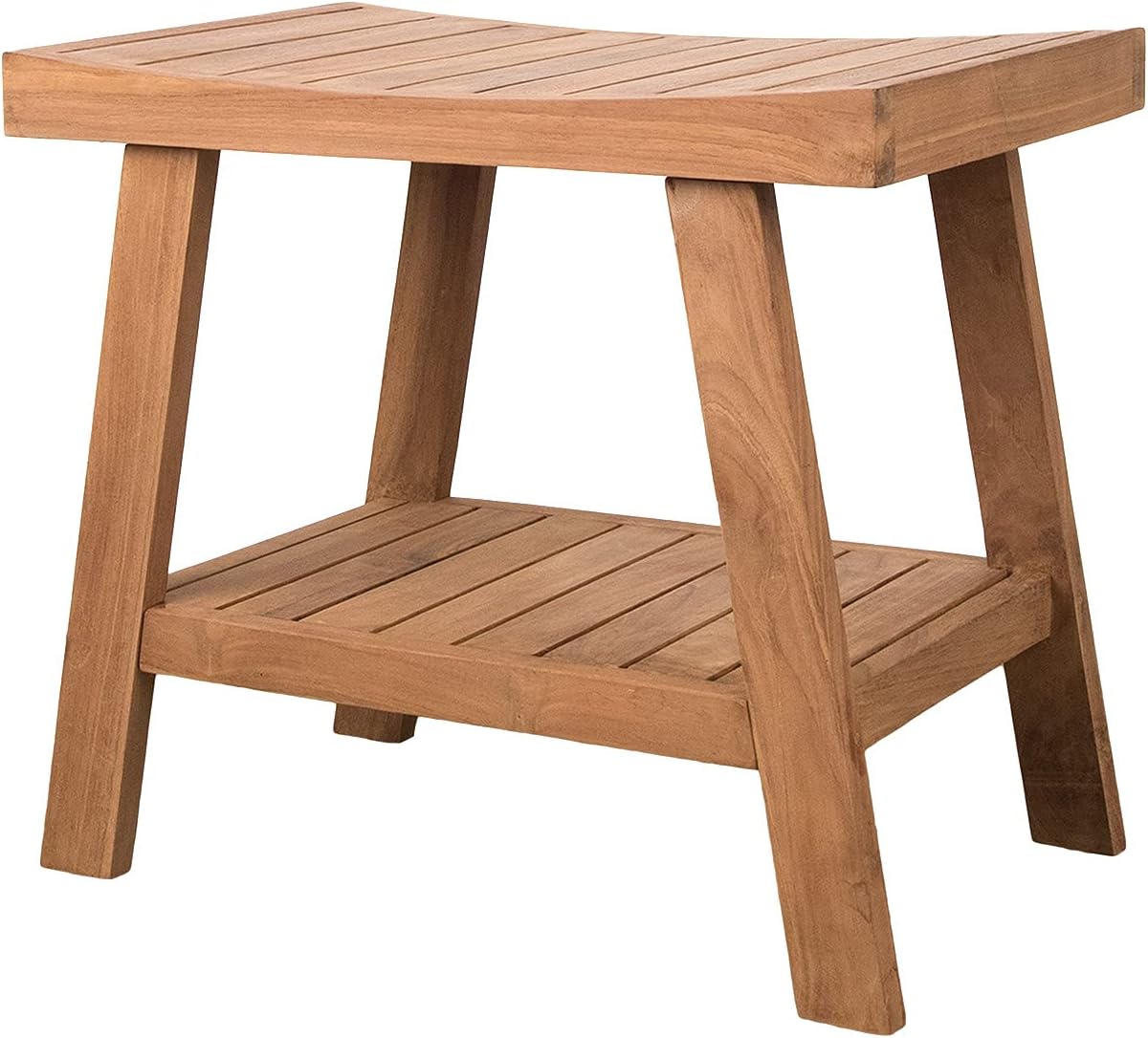 Best Home Fashion Teak Shower Bench Table with Shelf, Small Side Table for Bathroom and Spa - 14” W x 21” L x 19” H