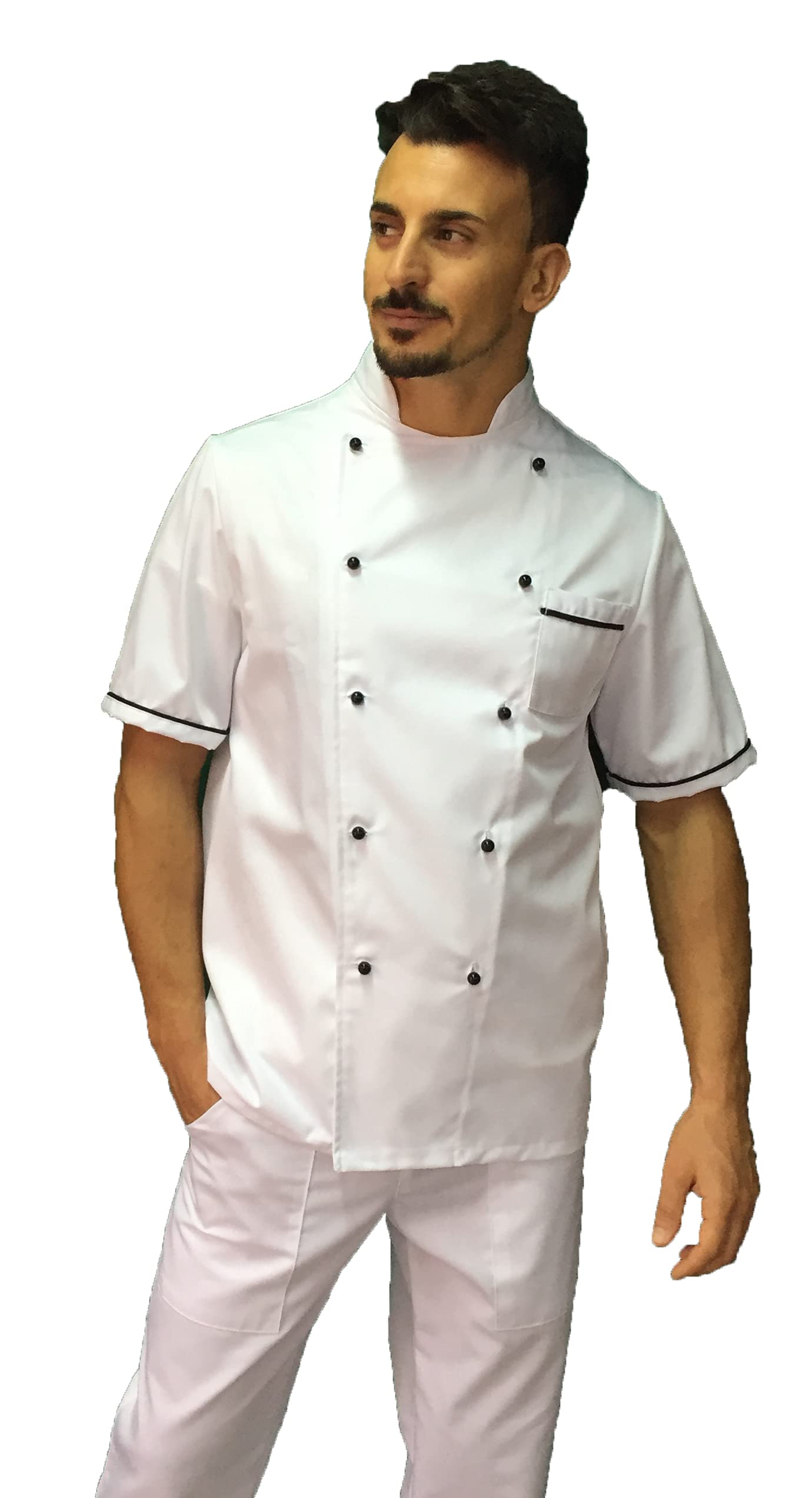 Bordado gratuito – Conjunto de cocinero para hombre – blanco y negro – uniforme de chef de manga corta – chaqueta, pantalón y delantal – 100% algodón – Uniforme para cocina y
