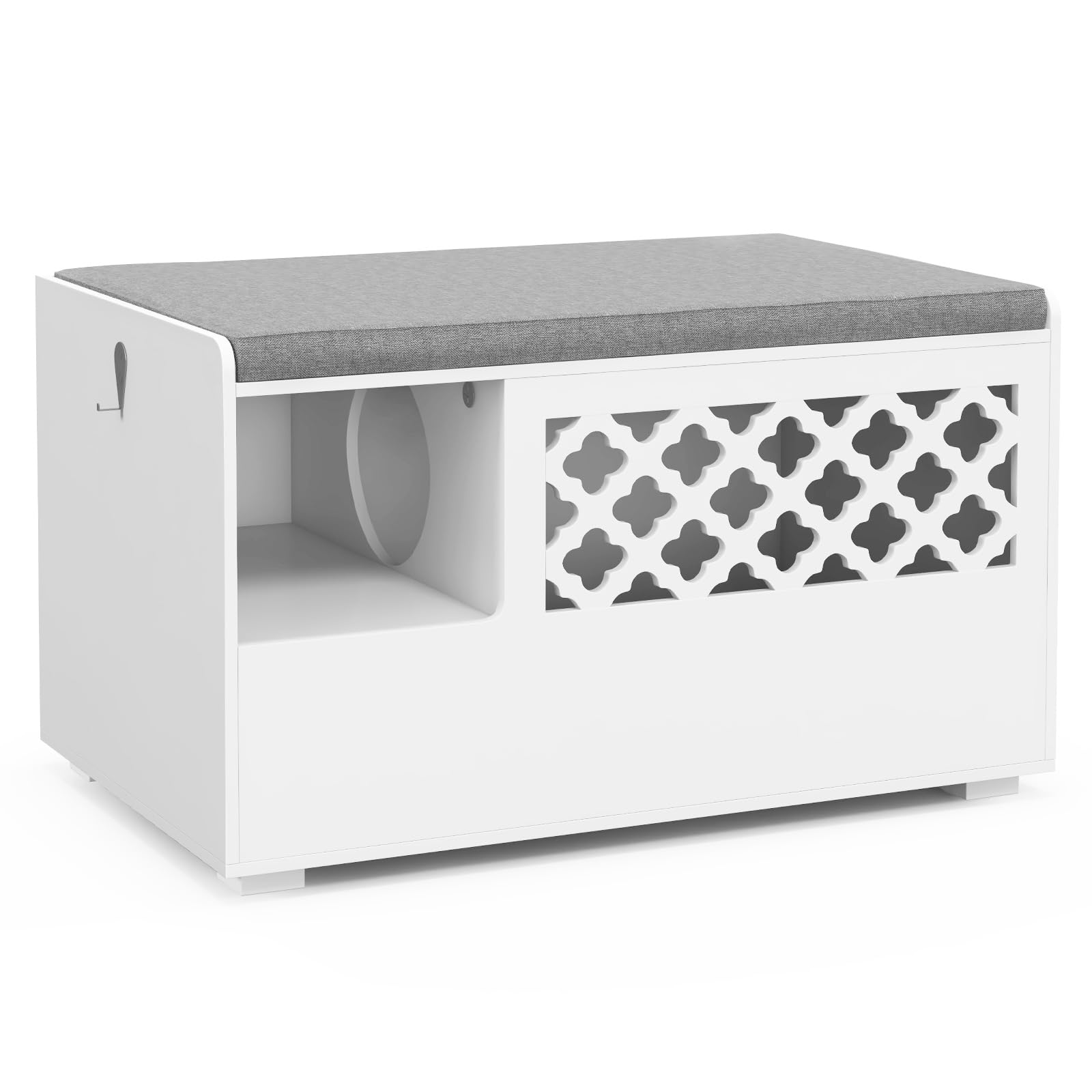 GYMAX Casetta per Gatti 2 in 1 con Apertura a Cerniera, Cuscino Rimovibile, Mobile Multifunzione per Lettiere per Gatti in Stile Moderno per Camera da Letto, Soggiorno, 90 x 48,5 x 52 cm, Bianco