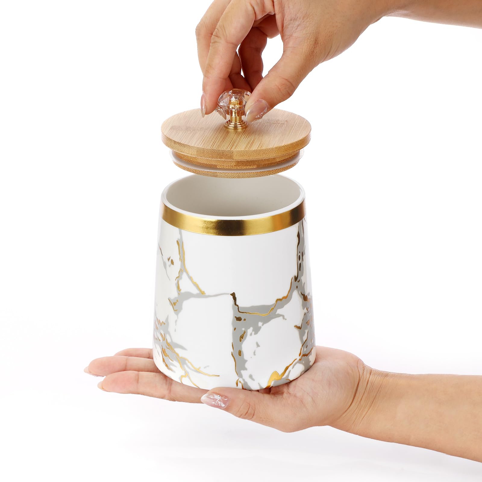 BTSKY Recipiente de cerámica blanca con tapa de madera y bandeja, 3 recipientes herméticos de almacenamiento de alimentos para café, té, azúcar, tarros de almacenamiento con tapa de madera y mango de