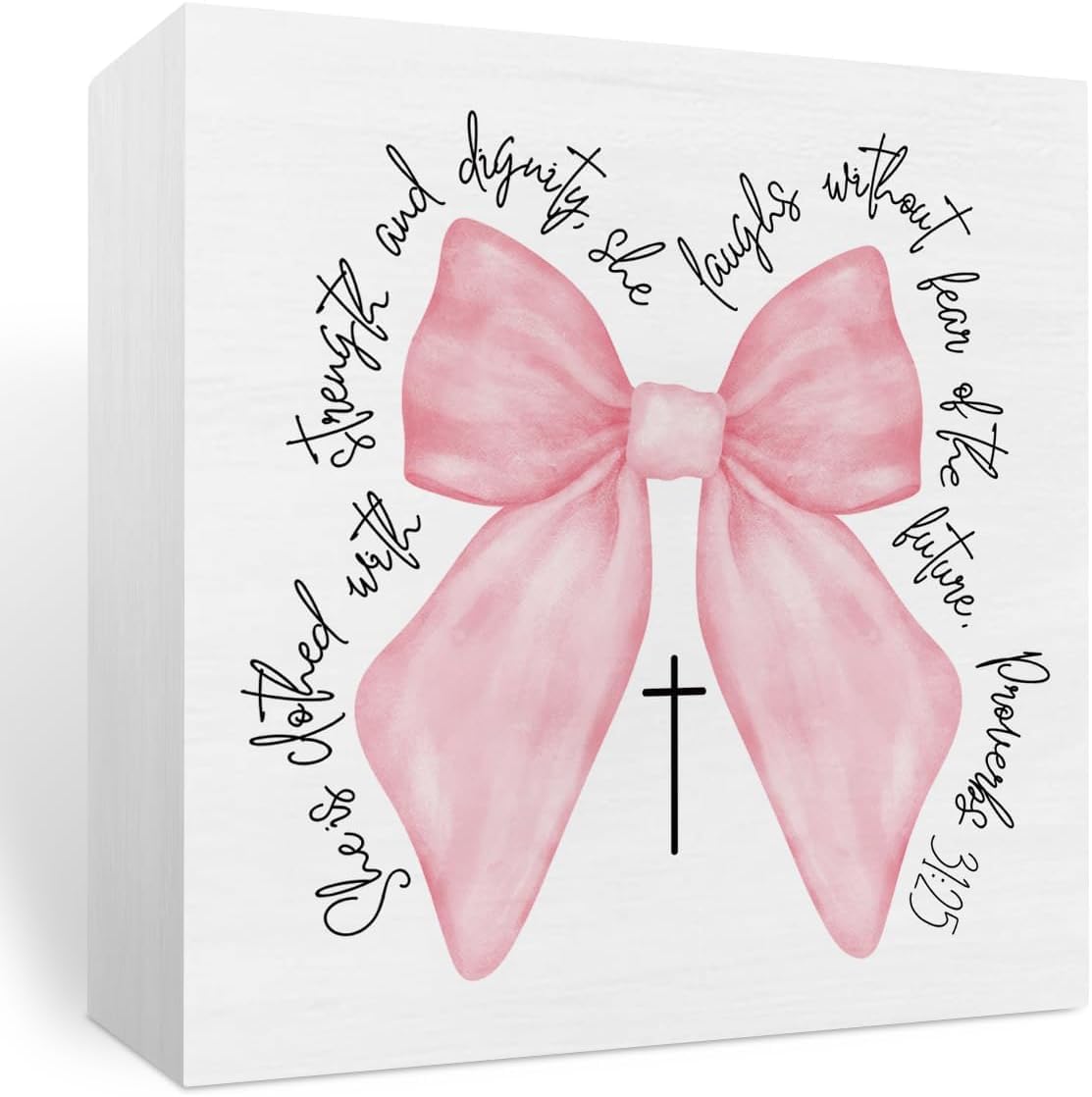 Pink Bow Prayer Box Sign 7x7 Inch Christian Rustic Shelf Decor