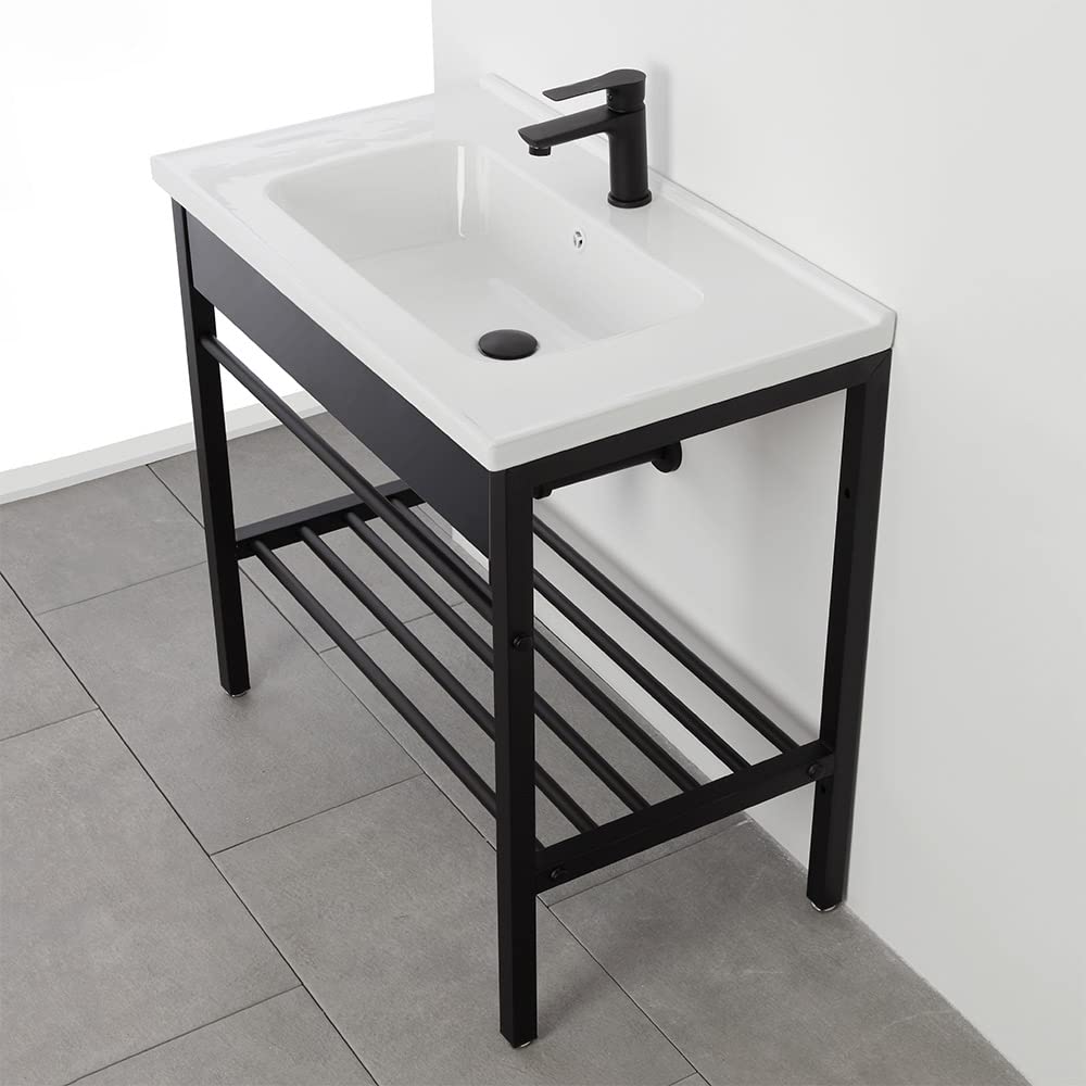 Inbagno Mobile bagno a terra 60 cm nero opaco, stile industrial completo di lavandino e specchio reversibile, Borg (Larghezza 60 cm)