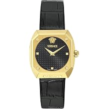 Versace Antares Womens Watch, Swiss Made Luxury Designer Watch with Black Guilloche Dial, Yellow Gold IP 37mm Case, Black Calfskin Leather Strap, Ardillon Clasp, 5 ATM