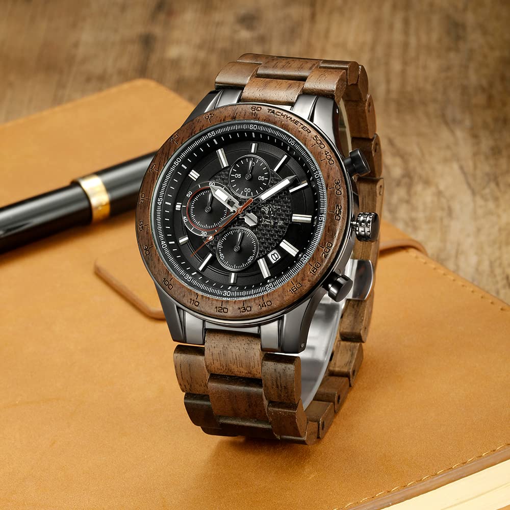 orologio da uomo in legno e acciaio inossidabile, cronografo 3 quadranti cronografo al quarzo per il tempo libero orologio da uomo multifunzione in legno, fatto a mano