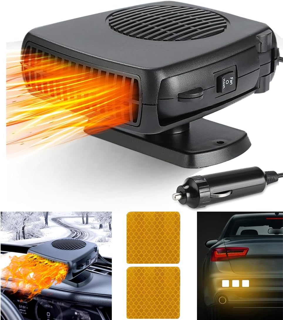Car Heater, 200W 12V Air Conditioner for Car with 2 Reflective Tape,Portable Car Heater for Vehicle 2 in 1 Heating Fan Defroster Demister Cooling Fans Automotive Replacement Heater for SUV,RV QC002