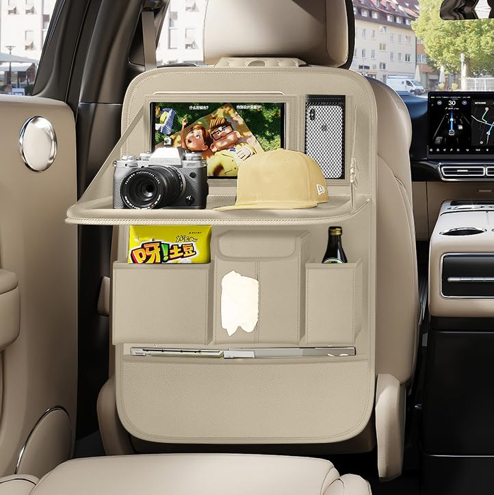 GMQ Back Seat Car Organizer 1 Pack,Backseat Organizer with Tray,Multifunctional Car Seat Back Storage Box with Foldable Tablet Holder (Beige, Plain weave)