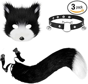 Faux Fur Fox Mask Wolf Cat Fluffy Tail Leather Necklace Set Furry Mask Tail Choker Wolf Fox Fluffy Tail Suit Halloween Party Halloween Leather Neck Choker Set