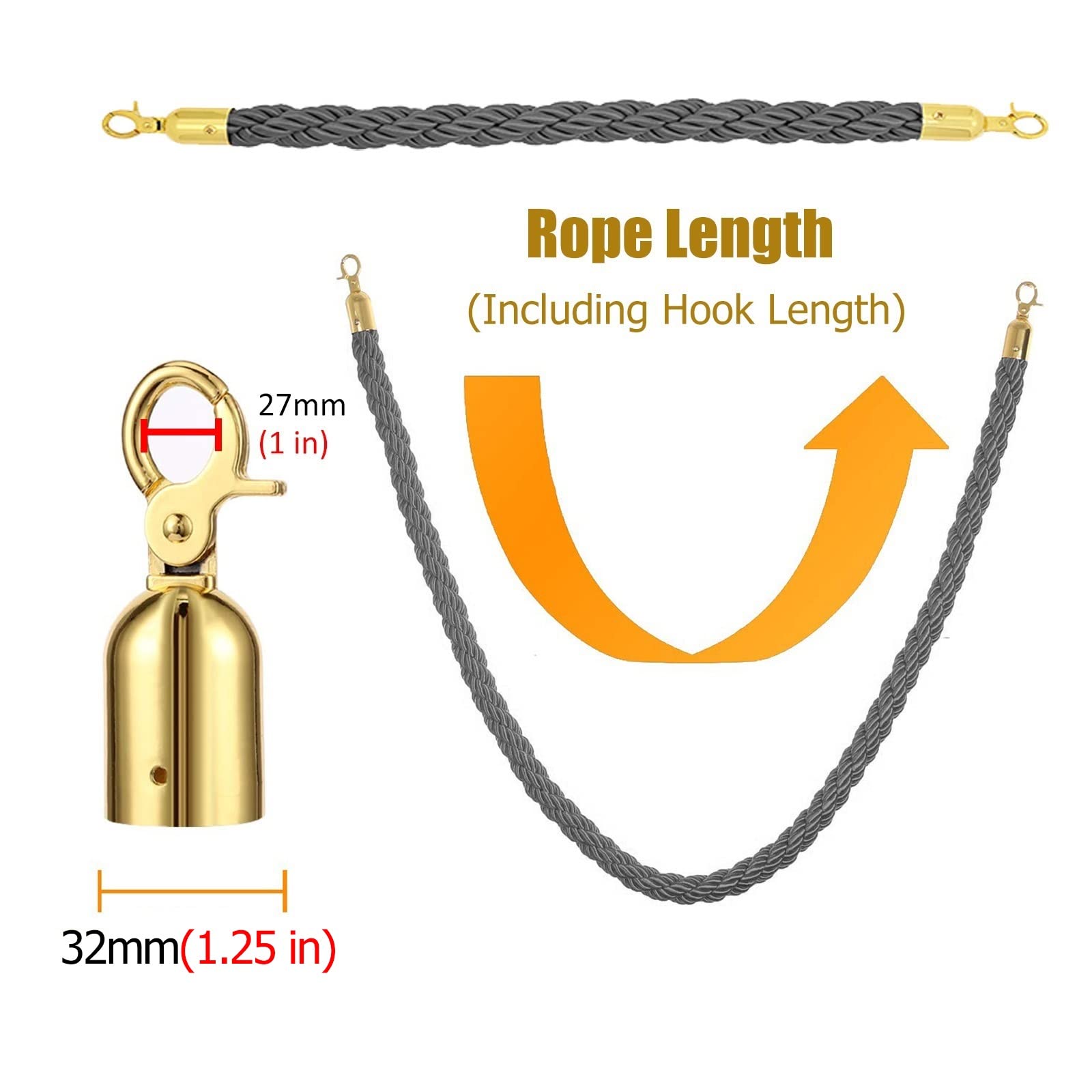 Produktbild von Absperrseil 1,4 M Gold – 32 Mm Hanfseil Mit Edelstahl-Karabiner, Für Personenführung & Events