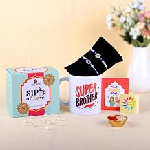SATVIK - 10 Oz Coffee Mug with Set of 2 Rakhi Gift Set Ceramic Tea Cup with Rakhi Threads Raksha Bandhan Gift Combo for Brother Festival Gift Mug Set l Roli Tikka & Stickers Inside
