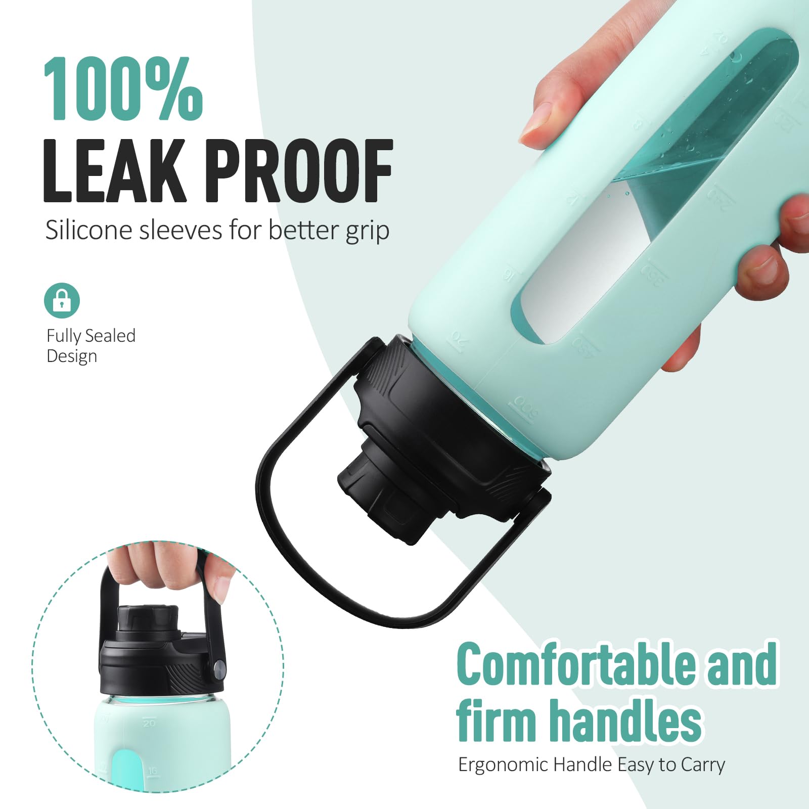 BLUEGO Borraccia in vetro da 600ml con cannuccia e 2 coperchi, tazza da caffè in vetro con custodia in silicone, senza BPA, Azzurro