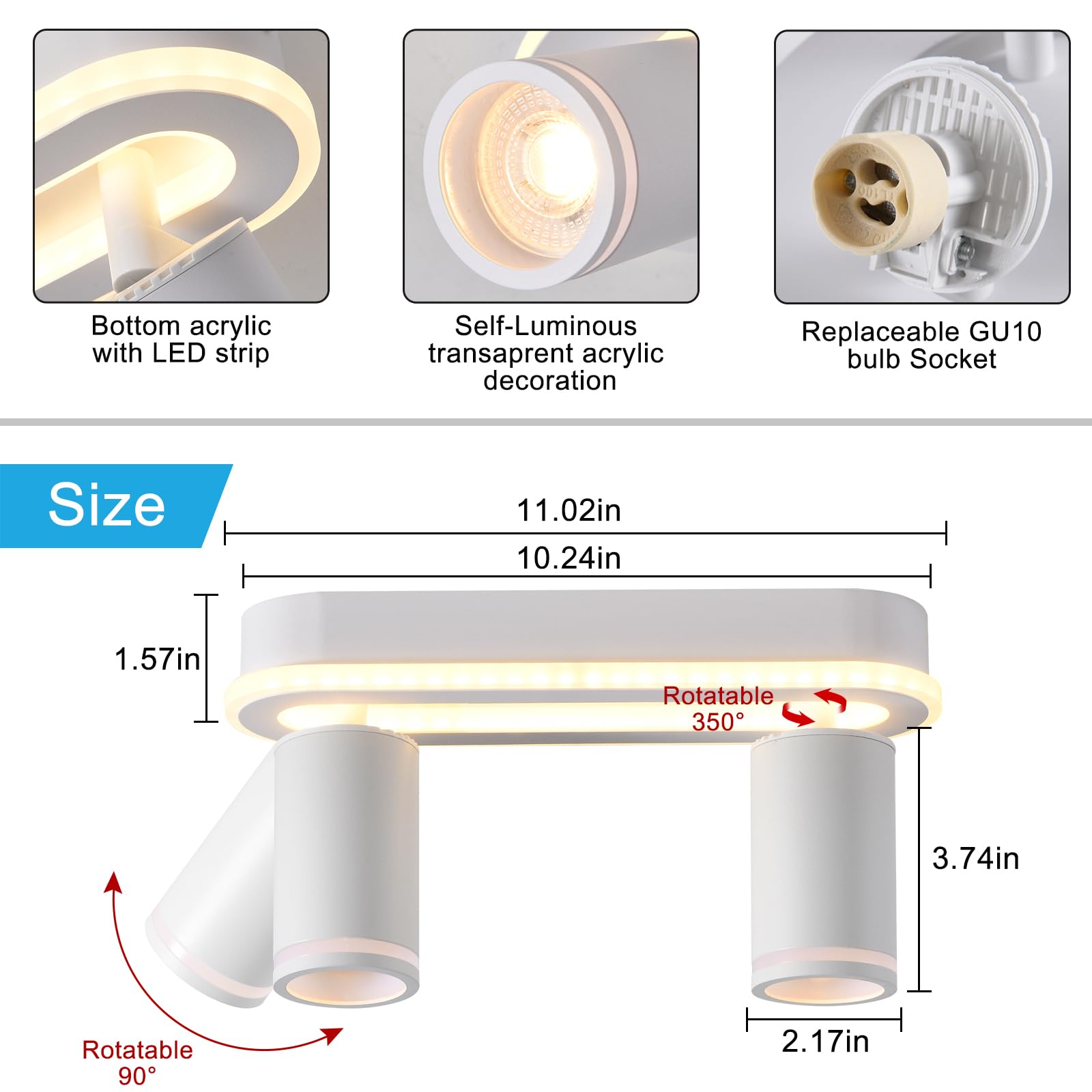 SANSHI Faretti da Soffitto Orientabili Interno LED 2 Luce,Faretti da Parete con Inferiore 15W+2x5W,GU10 Lampadario Faretti,Moderna Plafoniera Faretti Bianco Caldo 3000K per Cameretta Cucina,Bianco