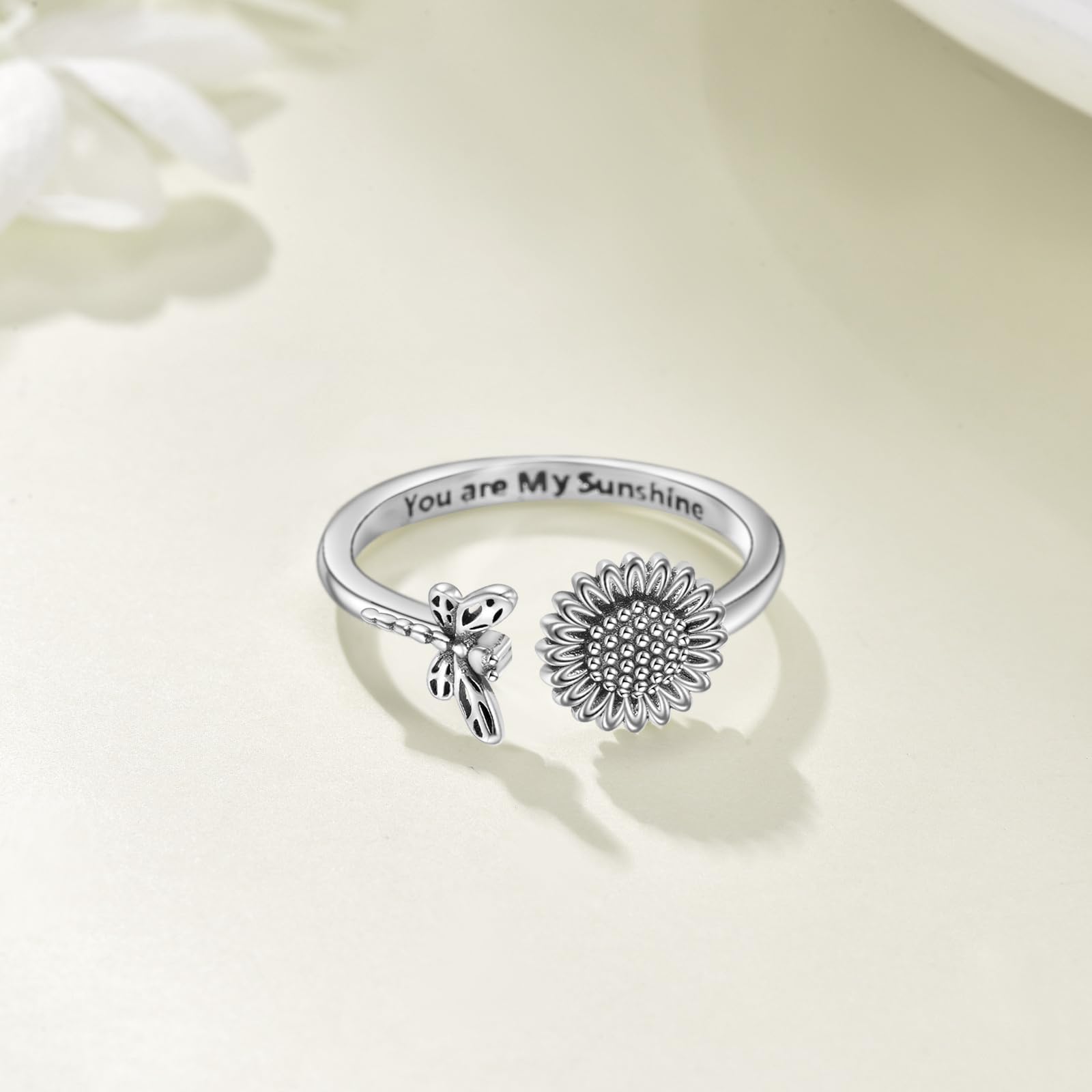YFN Sunfower - Anillo de plata de ley vintage ajustable con girasol, regalo para mujeres y niñas