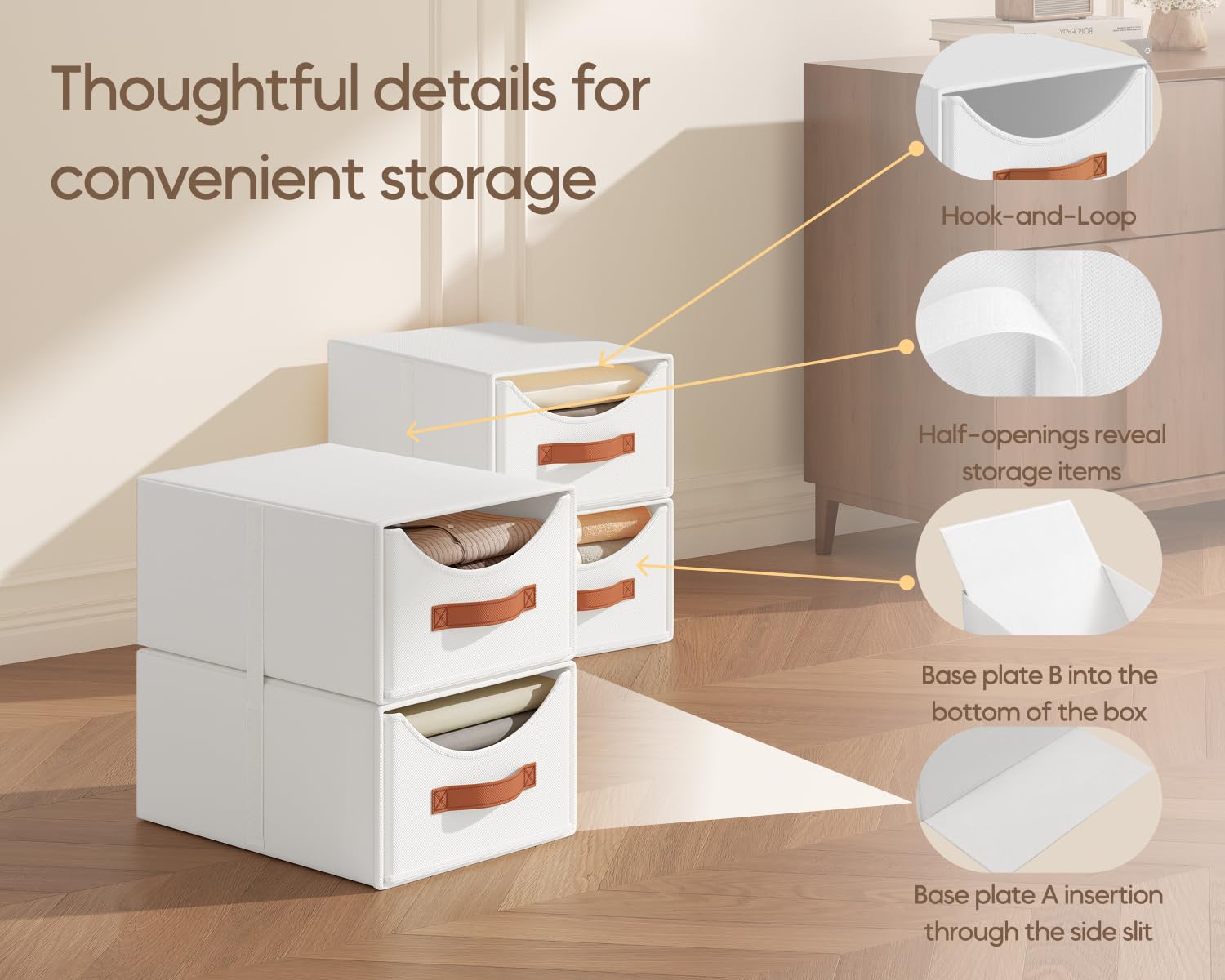 Homsorout Szufladowy system organizacji – 4 sztuki składanych pudełek do przechowywania z tkaniny, 35 x 25 x 17 cm, pudełka do układania w stos, organizer do szafy na ubrania, dokumenty, kolor biały