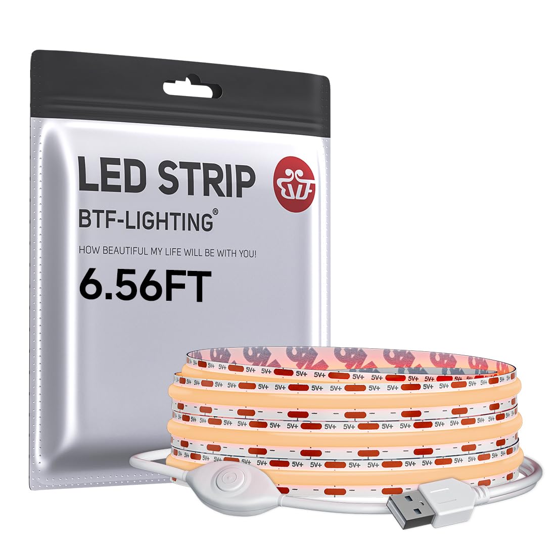 BTF-LIGHTING FCOB COB LED Strip Lights 5V USB Powered Warm White 2700K