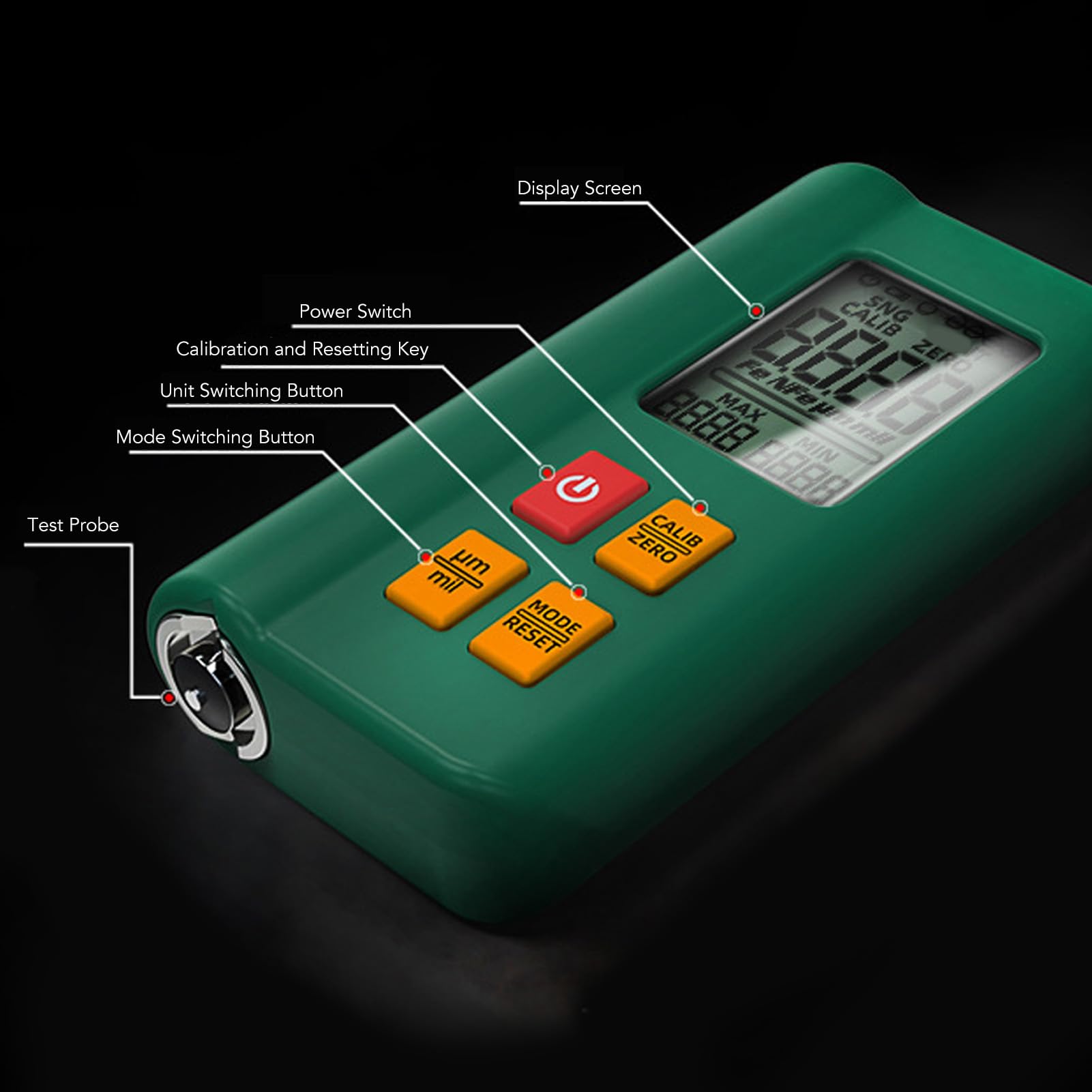 Spessimetro per verniciatura, misuratore di spessore per rivestimenti da 0-1500μm ad alta precisione con display LCD retroilluminato, 2 modalità di test spessimetro digitale