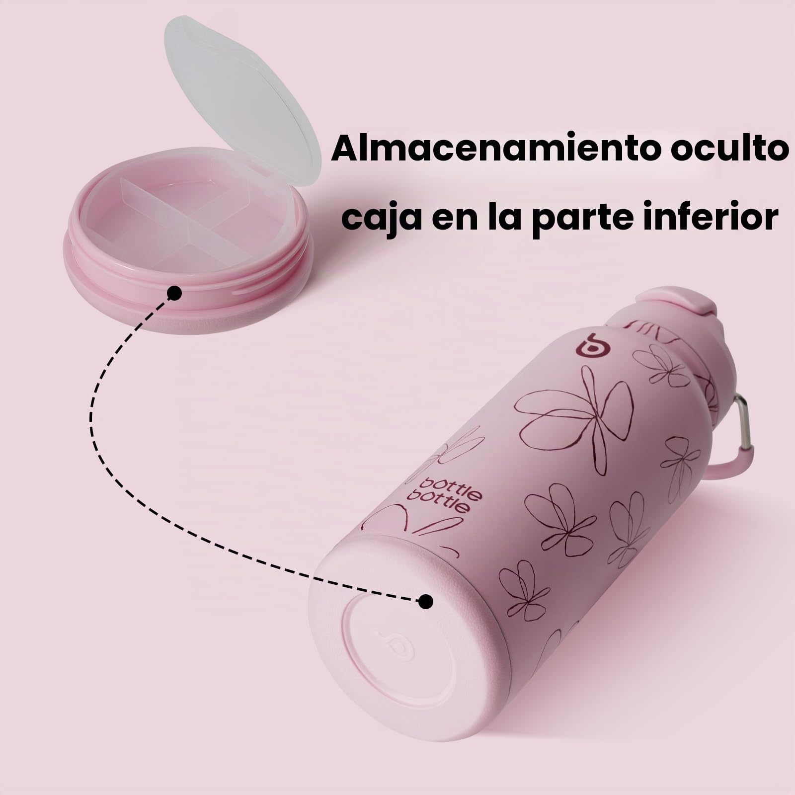 BOTTLE BOTTLE Botella isotérmica con pastillero, 900 ml, botella deportiva de acero inoxidable para exteriores, senderismo, flor rosa