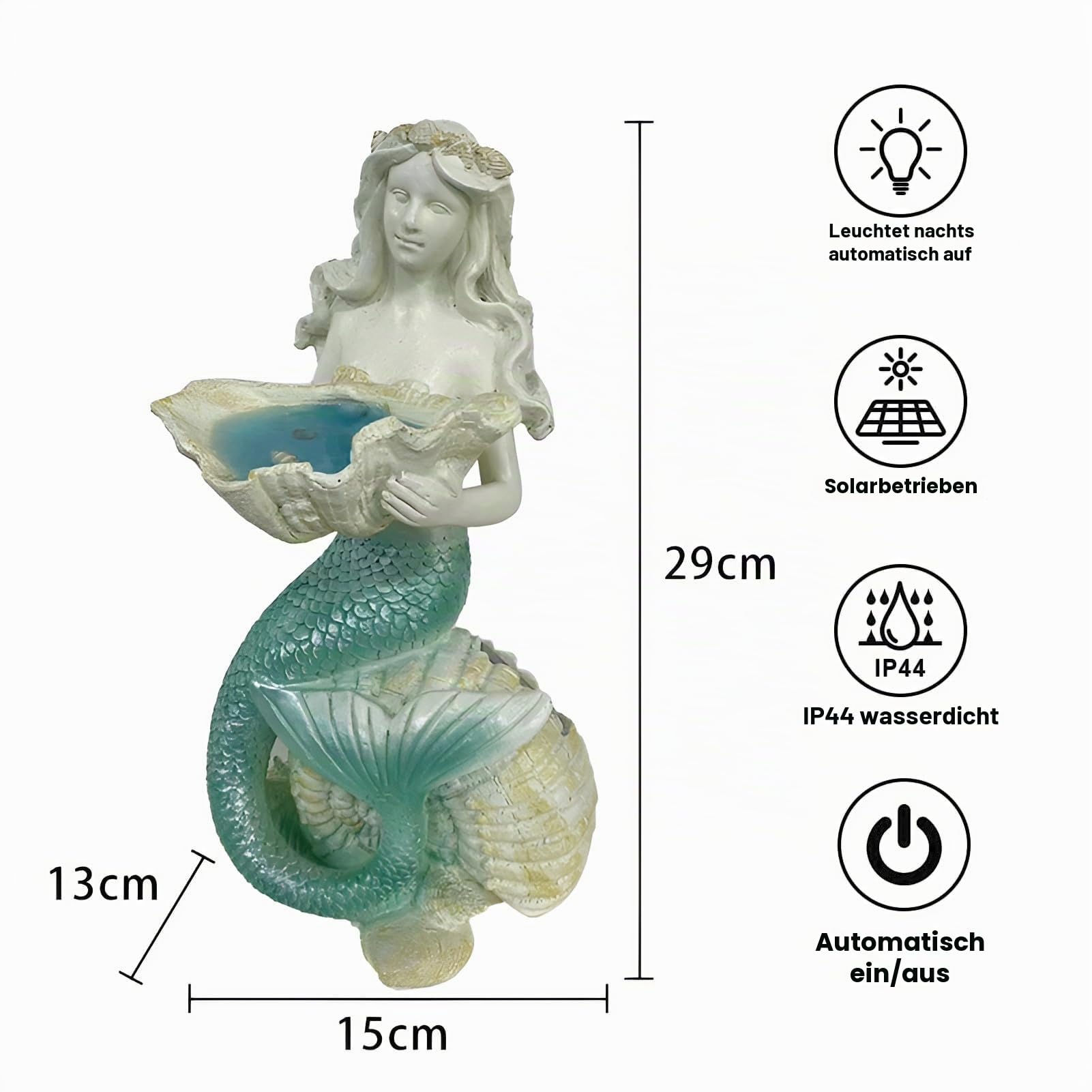 Gartendeko Figuren für Außen,Solar Meerjungfrau Statue,Meerjungfrau Skulptur mit LED Solarleuchten,Geschenk für Frauen Mama Geburtstagsgeschenk,für Rasen,Balkon,Hof,Terrasse,Fensterbank,29cm
