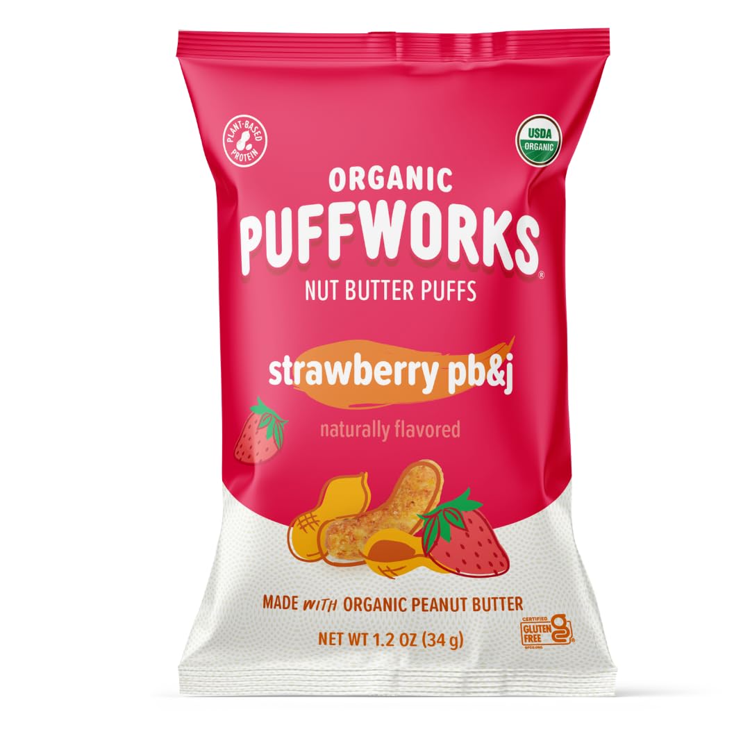 - Strawberry PBJ Organic Peanut Butter Puffs, 1.2 Ounce (Pack of 6), Plant-Based Protein Snack, Gluten-Free, Vegan, Kosher