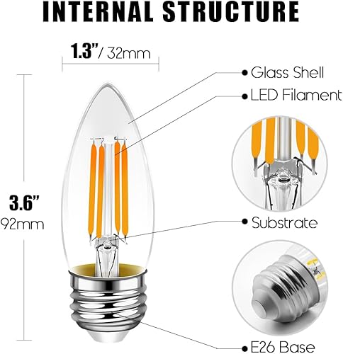 Miniatura 10 de Emotionlite Bombillas LED, bombillas de candelabro regulables, base E12, blanco cálido, luz de araña, bombilla de ventilador de techo, equivalente a