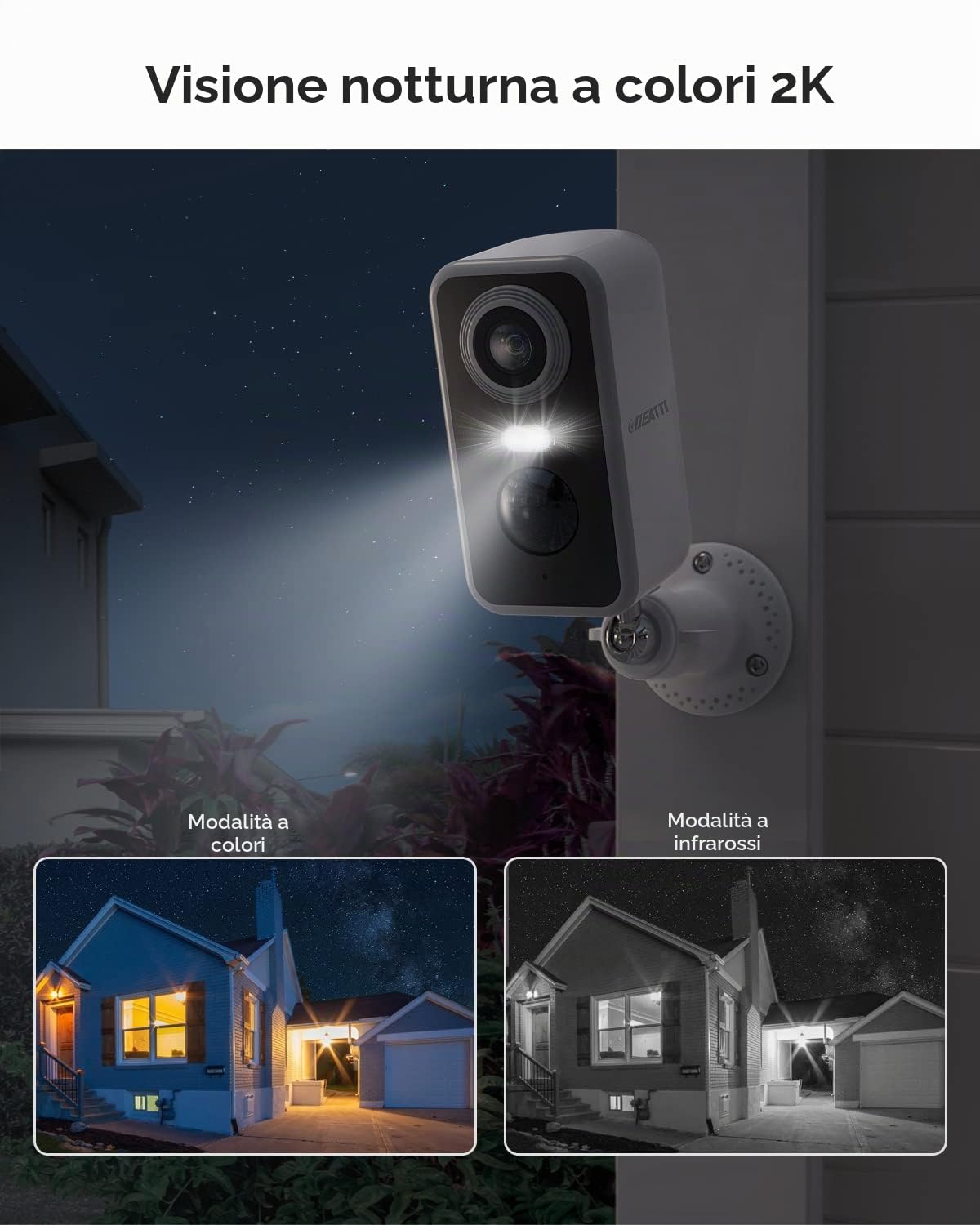 DEATTI 2K Telecamera Wi-Fi Interno/Esterno Senza Fili a Batteria, Videocamera Sorveglianza Interno, Rilevatore di Movimento PIR, Visione Notturna a Colori, Audio a 2 Vie, Sirena, IP66, SD/Cloud
