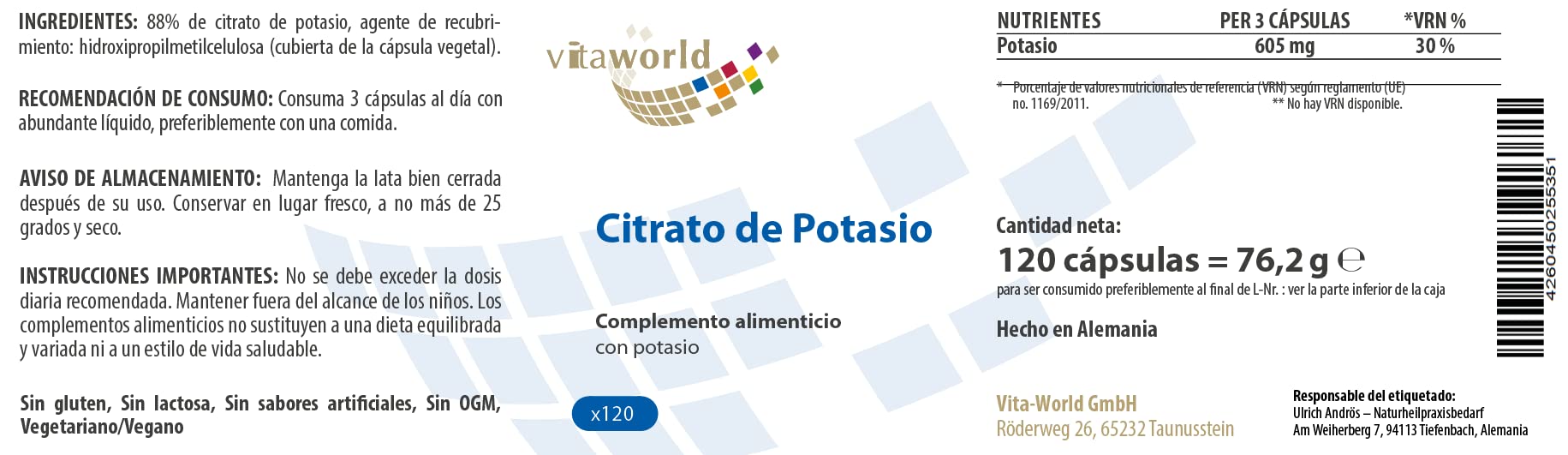 Pack de 3 Citrato de Potasio 605mg dosis diaria 3 x 120 Cápsulas Vegetales - Vita World Farmacia Alemania