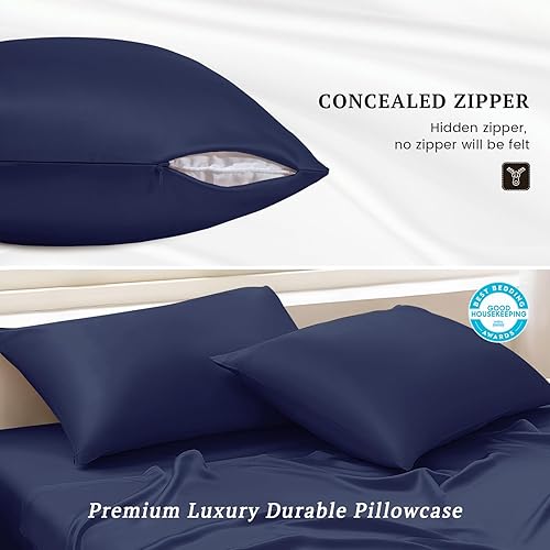 Miniatura 3 de THXSILK Funda de almohada de seda de morera 100 % pura para cabello y piel, 22 momme, fundas de almohada de seda azul marino con cierre de