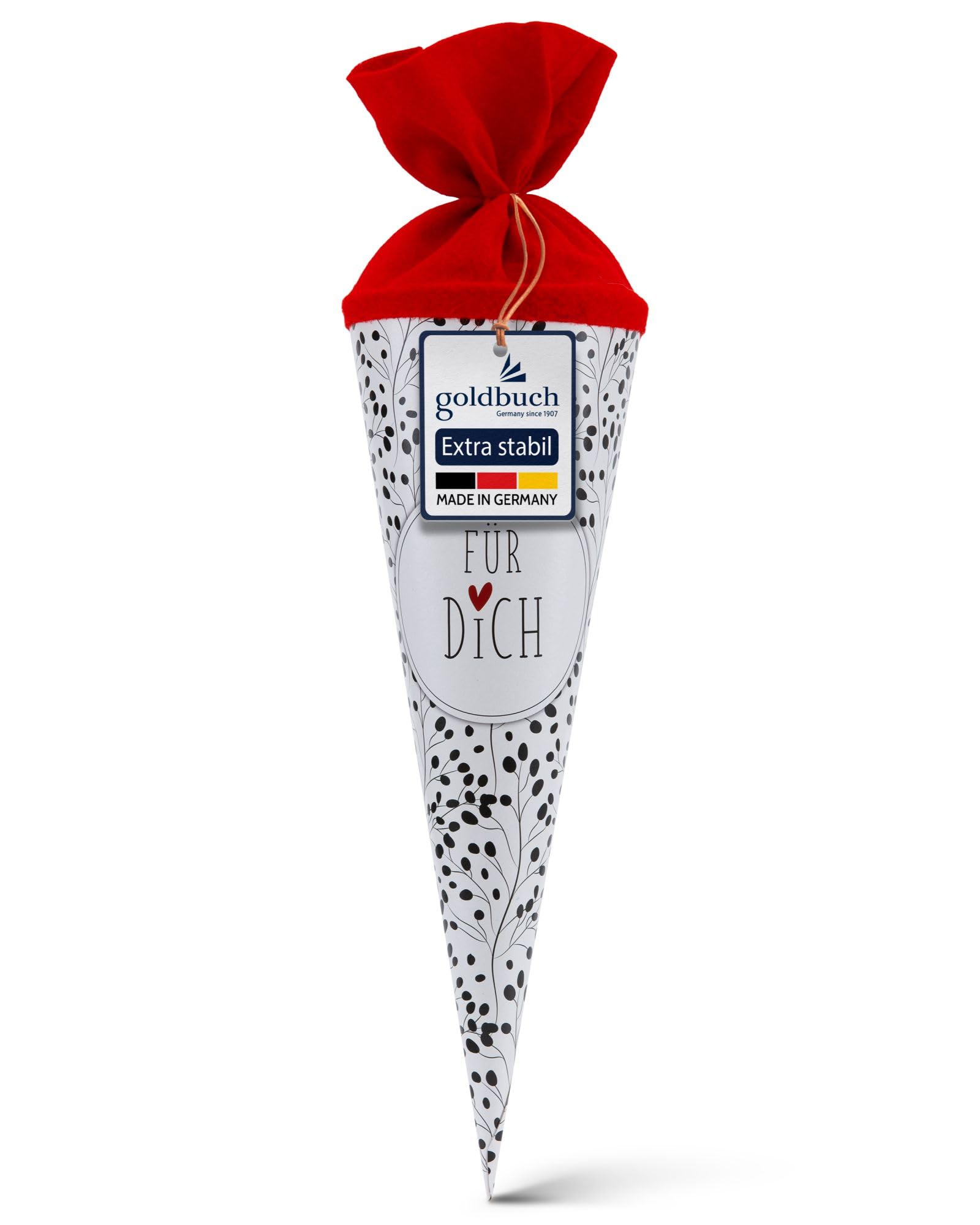 goldbuch 93 213 Geschwistertüte Für Dich, Schultüte mit Wildblumenmuster, Lackkarton, Geschenkverpackung, roter Filzverschluss (ohne Verschlussband), Zuckertüte rund, Länge 35 cm, Ø 11,5 cm, Weiß
