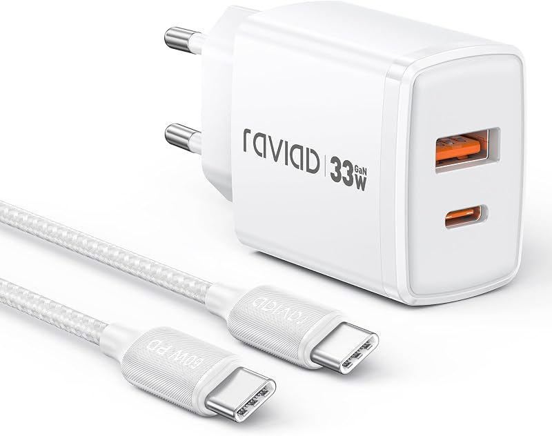 RAVIAD 33W USB-C Gyors Töltő GaN, 2 Port + 2m Kábel iPhone iPad MacBook Samsung