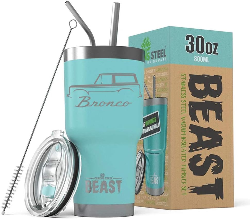 1966-77 Ford Bronco BEAST 30 oz Stainless Steel Insulated Tumbler w/Lid, 2 Straws, Brush and Gift Box aqua