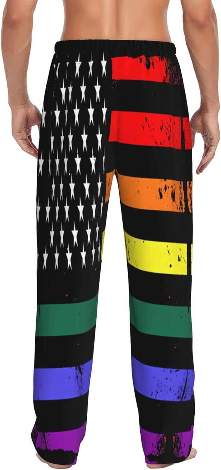 Rainbow Pride Gay LGBT American Flag Men's Pajama Pants Lounge Bottoms Lightweight Sleep Pant Soft PJ Bottoms Joggers Loungewear Sleepwear with Elastic Waistband Pockets for Gym 3X-Large