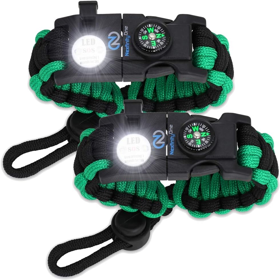 Survival Paracord Bracelet - Tactical Emergency Gear Kit with SOS LED Light, 550 Grade, Adjustable, Multitools, Fire Starter, Compass, and Whistle - Set of 2