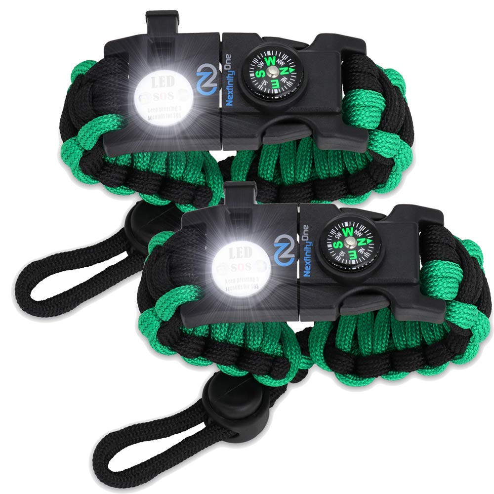 Survival Paracord Bracelet - Tactical Emergency Gear Kit with SOS LED Light, 550 Grade, Adjustable, Multitools, Fire Starter, Compass, and Whistle - Set of 2
