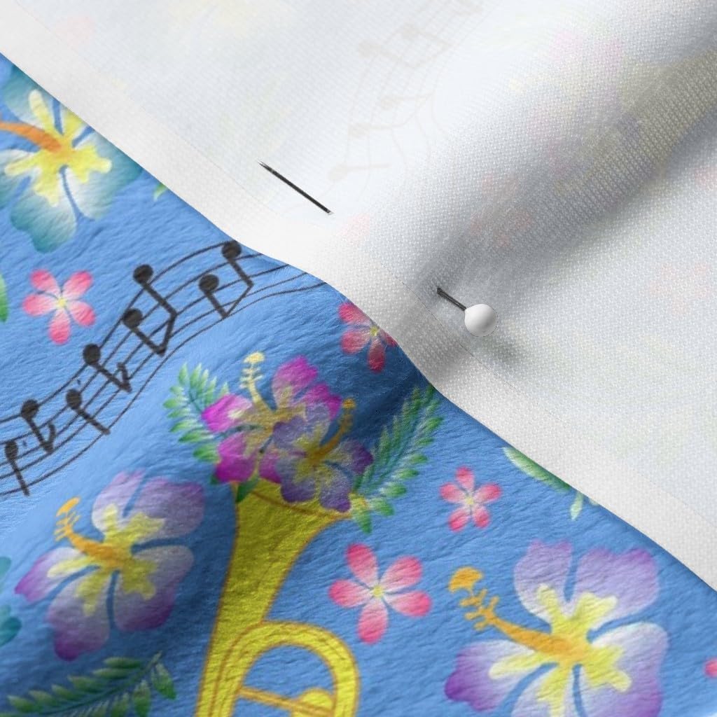 Spoonflower Fabric - Blue Trumpet Musical Instrument Classical Music Notes Hawaiian Print Printed on Minky Fabric by The Yard - Sewing Baby Blankets Quilt Backing Plush