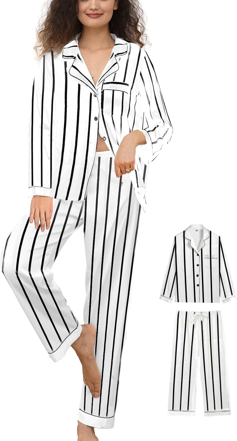 Womens Satin Pajamas Set 2Pcs Silk Pajama Long Sets XS-3XL Silky Long Pj Sets Sleepwear Stripes Pjs Loungewear - Image 6