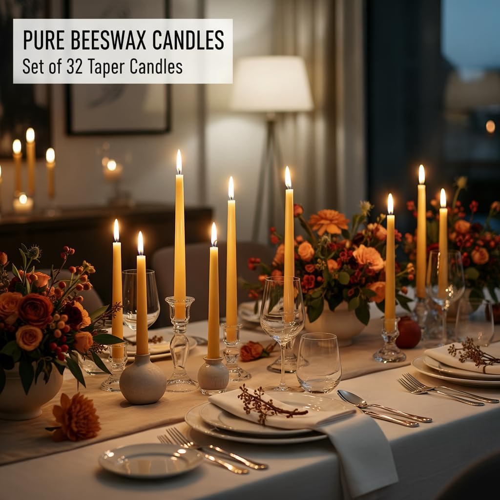 Nihaoya 32 Pack Beeswax Candle Set, 9 Inch Smokeless & Dripless Candles Bulk, 6 Hour Long Burn Time Tapered Candles for Meditation, Dining, and Decor