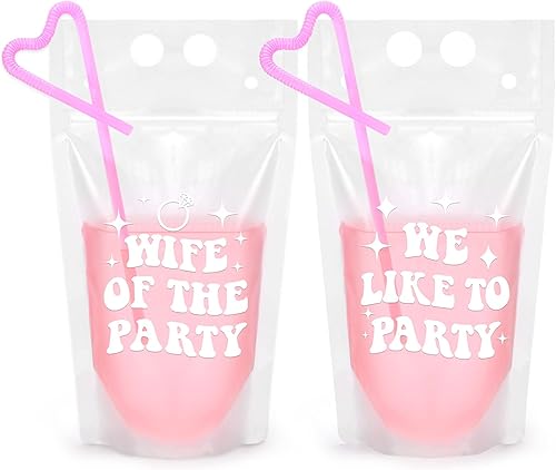 Nefelibata 16 bolsas de bebidas para despedida de soltera, con texto en inglés "Wife of the Party", bolsas de bebidas de 15 onzas con pajitas, copas